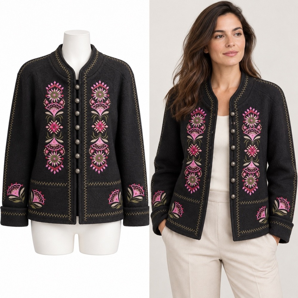 Carson Boiled Wool Jacket Womens XL Black Embroidered Floral Coin Button Folk